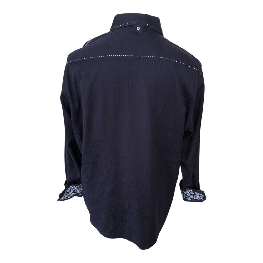 Zagiri Men Navy Long Sleeve Button Down White Stitching Emroidery Dress Shirt XL - Picture 5 of 16
